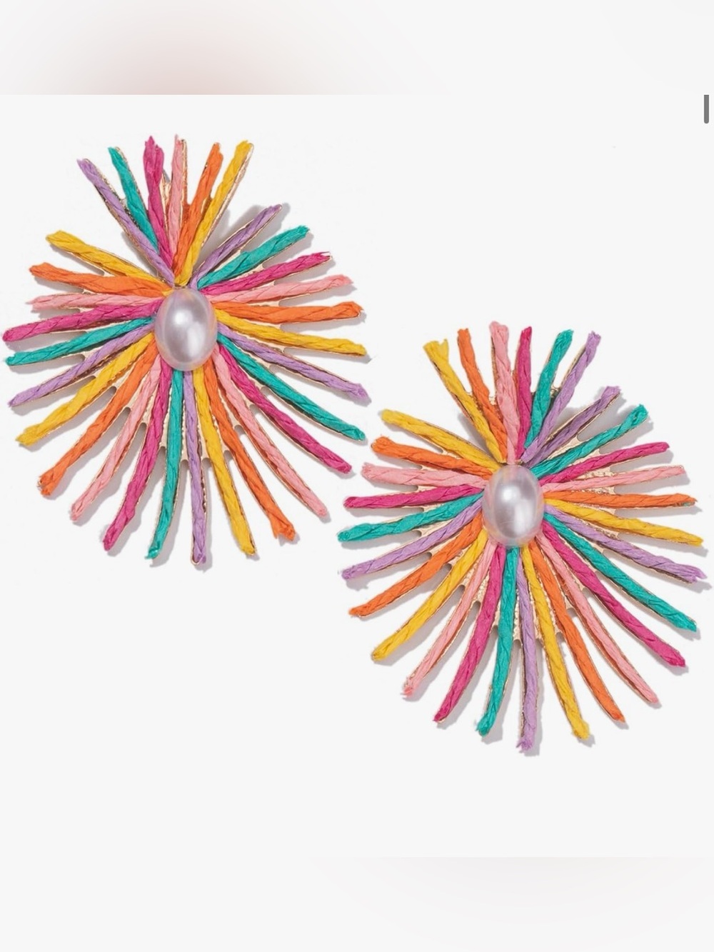 Colorful Raffia Sunburst Earrings with Pearl Center